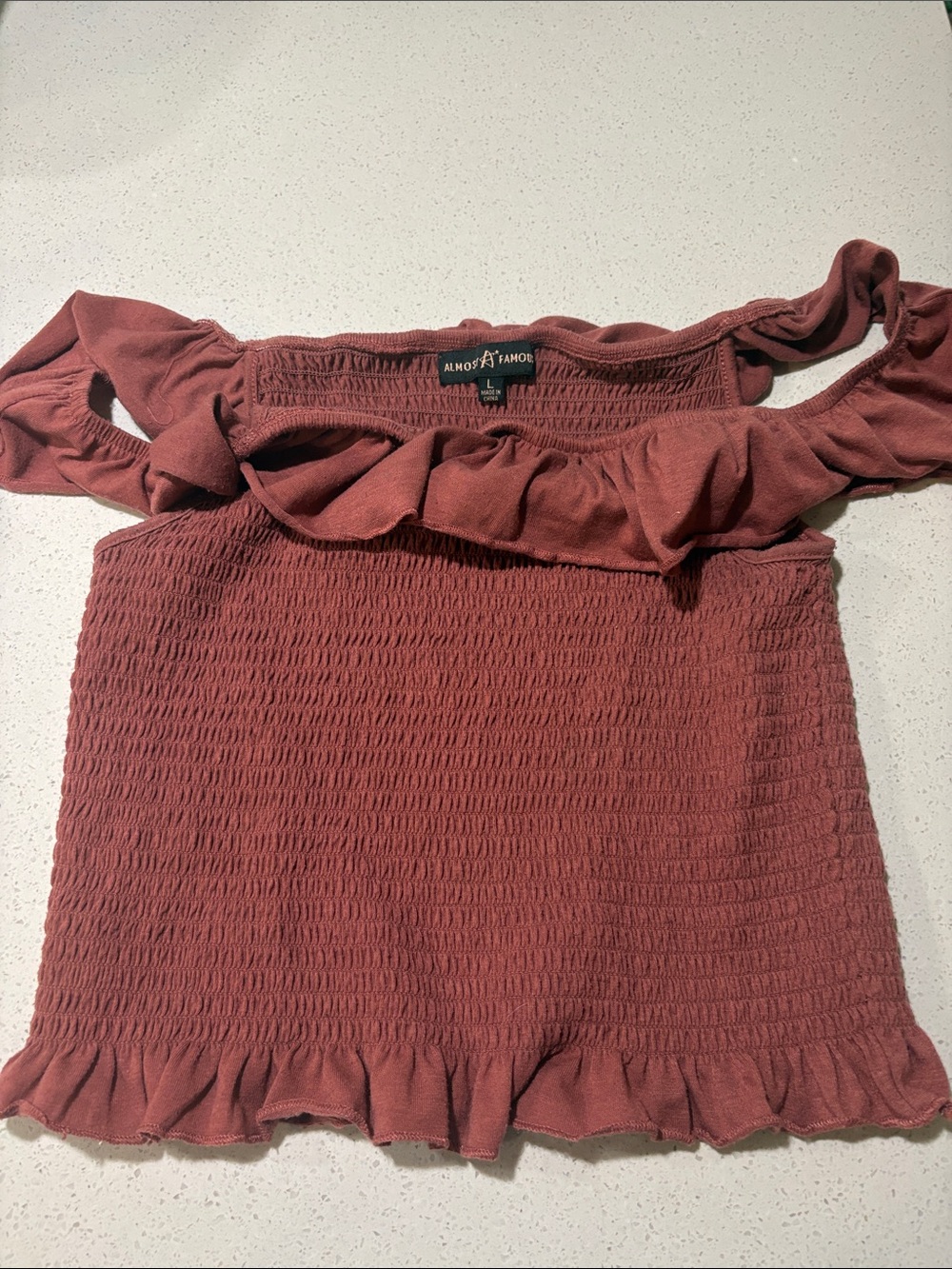 Almost Famous Dusty Rose Smocked Off-Shoulder Ruffle Camisole